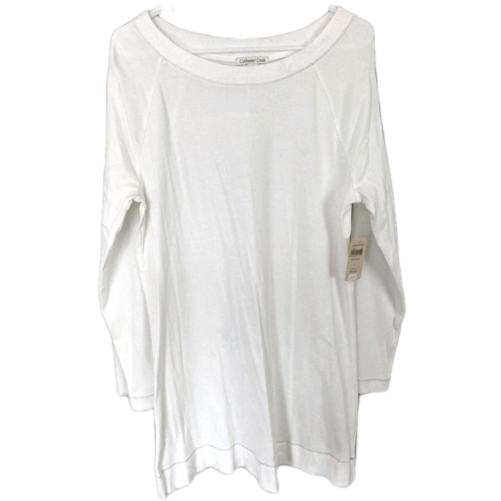 Coldwater Creek Shirt Womens L Wht Metallic Trim Boat Neck Tunic Top Stretch NWT